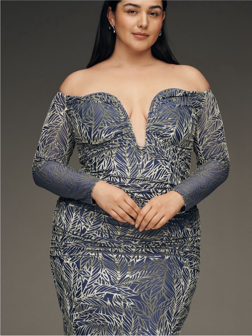 Elliatt Orla Off-Shoulder Navy and Silver Leaf-Print Evening Dress Velvet NWT 1x